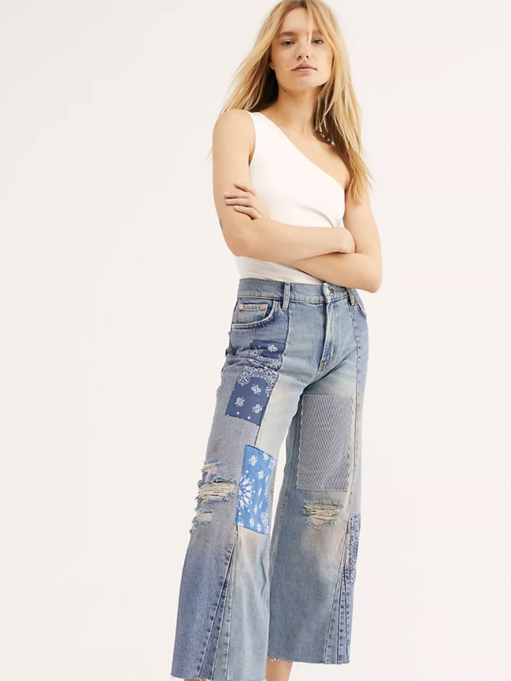 Free People Heart Of Gold Jeans Patchwork Wide Leg Cropped - Size 27